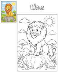 Lion coloring page and colored reference for kids