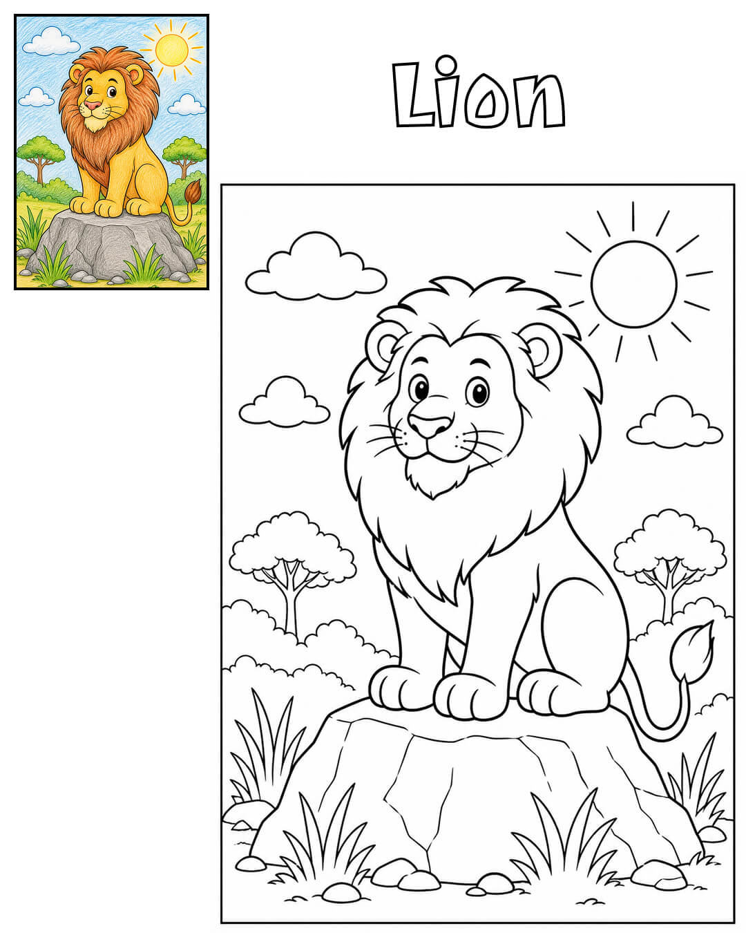 Lion coloring page and colored reference for kids