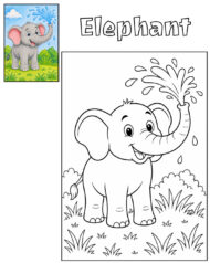 Elephant coloring page and colored reference for kids