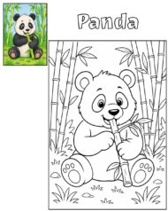 Panda coloring page and colored reference for kids