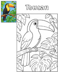 Toucan coloring page and colored reference for kids