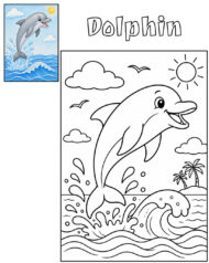 Dolphin coloring page and colored reference for kids