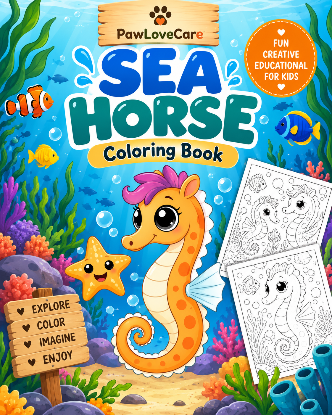 Sea Horse Coloring Book for Kids printable digital coloring activity