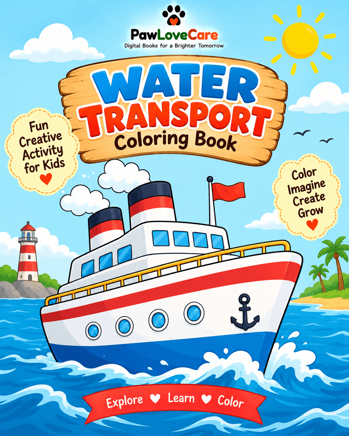 Water transport coloring book for kids by PawLoveCare