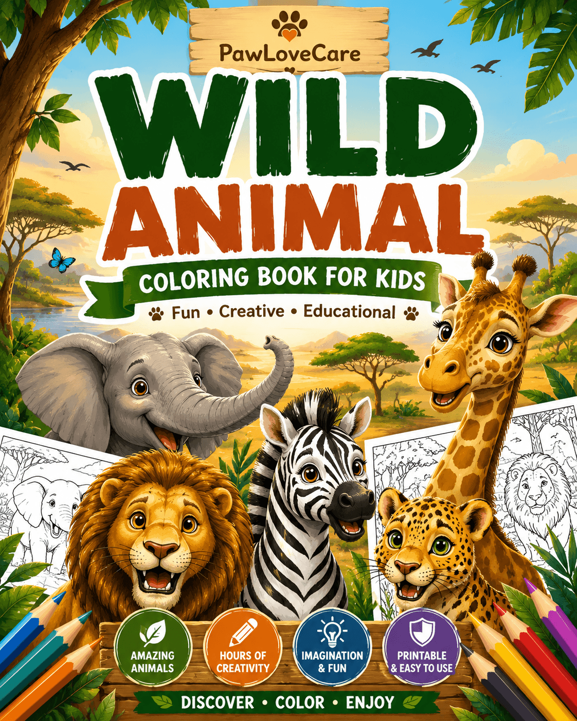 Wild animal coloring book for kids printable digital activity
